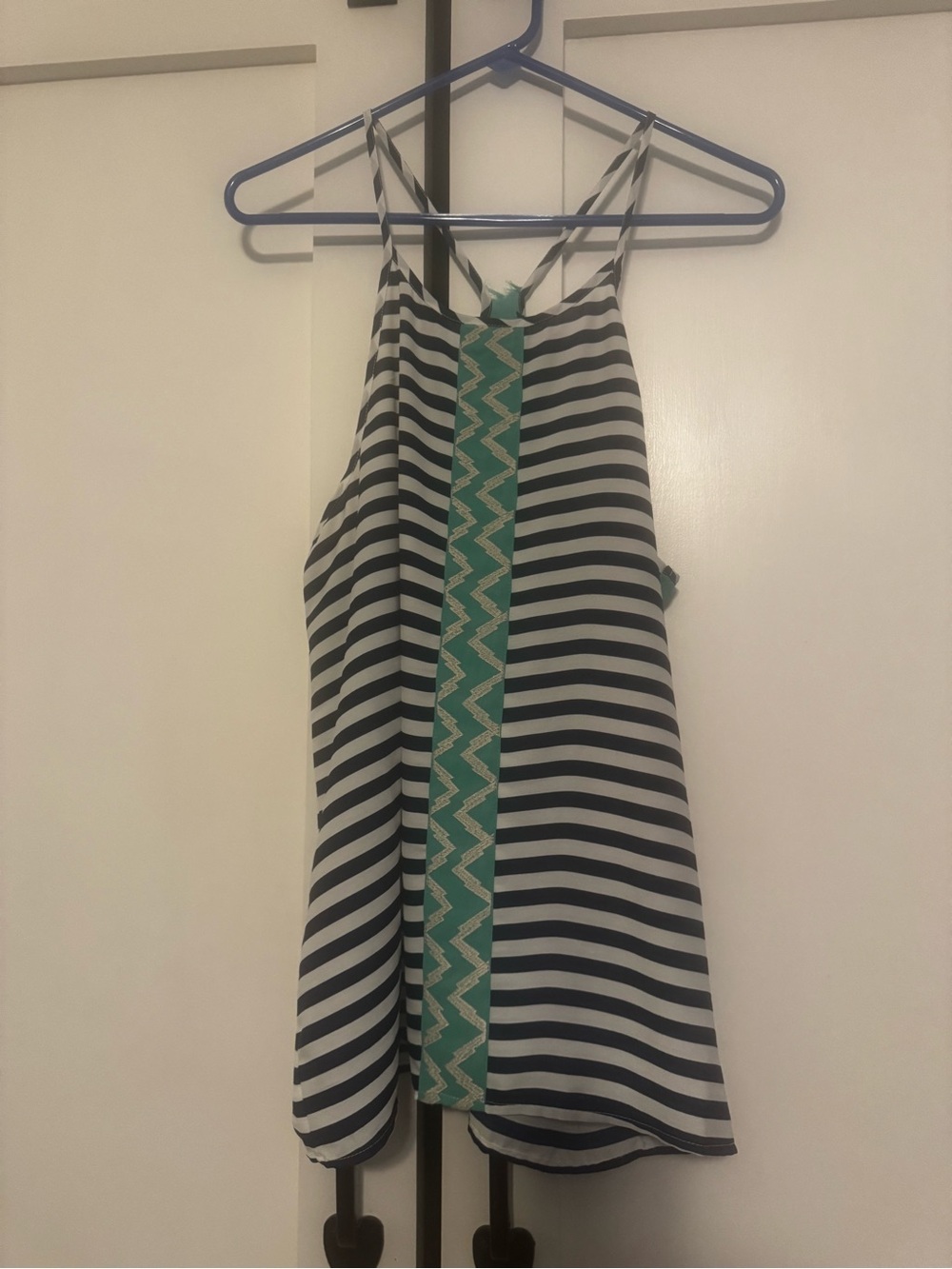 THML Black & White Striped Camisole with Teal Center Panel